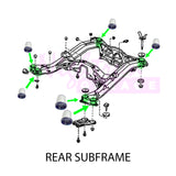 MK3 Supra Rear subframe diagram with bushing locations highlighted to show install location of SUPERPRO Bushings 