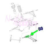 MK3 Supra Rear suspension diagram with rear lower control arm inner pickup point  highlighted showing the install location of  the aftermarket component 

mk3 supra, ma70 supra, jza70, ga70, a70, superpro bushings, nightrun garage, poly bushings, toyota supra, bushing upgrade