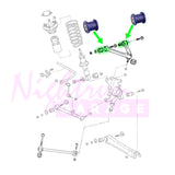 MK3 supra rear suspension diagram with inner upper control arm pickup points highlighted to show install location of aftermarket component 

mk3 supra, ma70 supra, jza70, ga70, a70, superpro bushings, nightrun garage, poly bushings, toyota supra, bushing upgrade